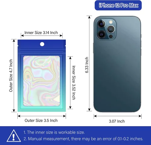 Vista 2 de 100 bolsas holográficas de Mylar degradadas con ventana transparente, bolsa con cremallera resellable, bolsas de muestras de embalaje para fiestas