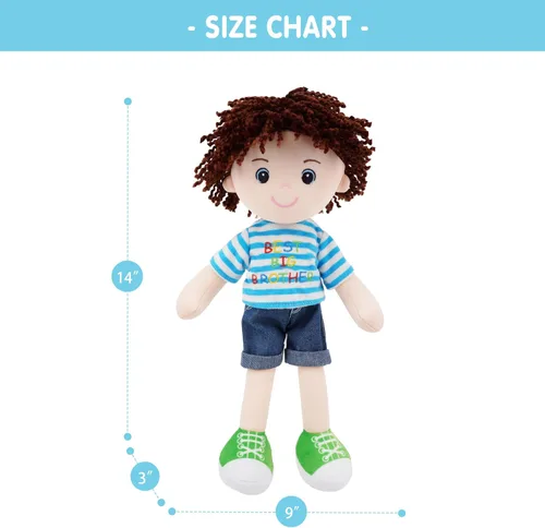 Vista 5 de June Garden Snuggle Cutie Benny de 14 pulgadas, muñeco de felpa suave Best Big Brother, muñeco de peluche con camisa a rayas azules y zapatos Verde