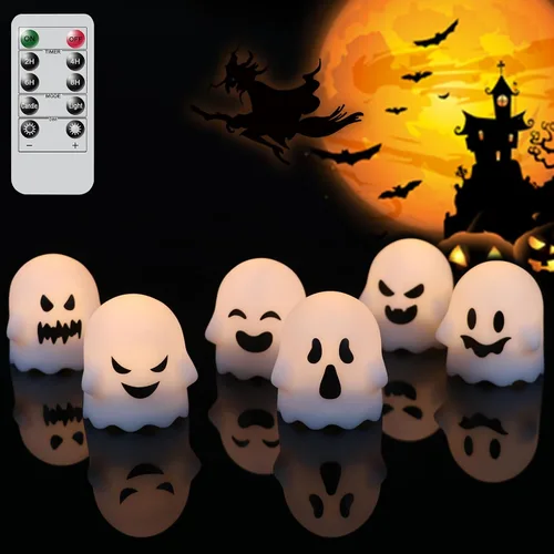 Vista 8 de Wondise Velas parpadeantes sin llama de Halloween con control remoto y temporizador, velas de té que cambian de color, velas LED espeluznantes