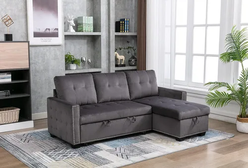 Vista 2 de Sofá cama modular reversible de 77 pulgadas, en forma de L, 2 asientos, con almacenamiento, tela de terciopelo con sensación de piel, color gris