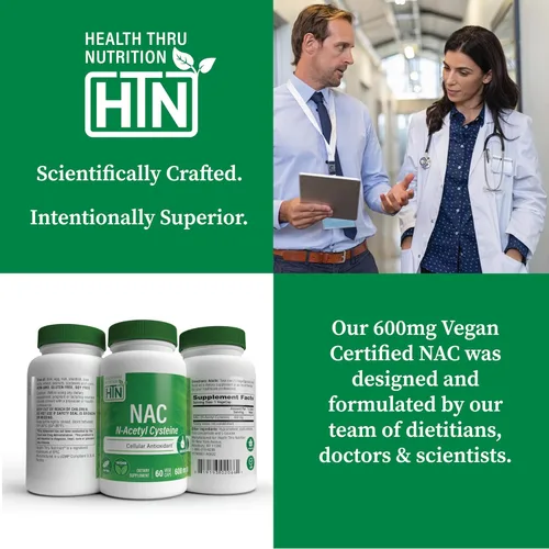 Vista 5 de Health Thru Nutrition NAC N-acetil-cisteína 600 mg 60 cápsulas Certificado vegano El suplemento NAC más puro Apoya la salud pulmonar