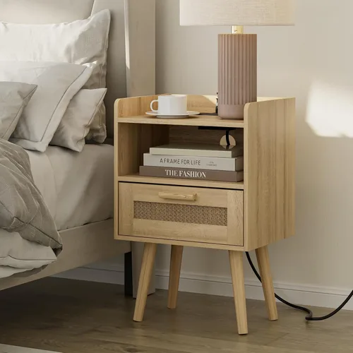 Vista 6 de Masupu Mesita de noche, mesita de noche pequeña con dos cajones, mesita de noche blanca, muebles de noche, mesa auxiliar moderna de mediados