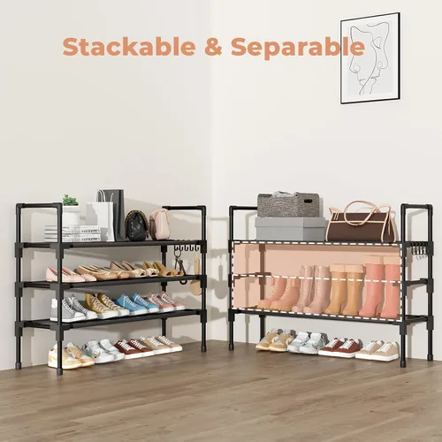 Vista 5 de Estante para zapatos de 3 niveles, organizador de almacenamiento para 16-20 pares de botas y zapatillas, estante vertical apilable con ganchos