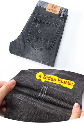 Vista 3 de SABATUTU Pantalones de mezclilla ajustados para hombre, elásticos, rasgados, desgastados, de pierna recta, a la moda, cintura alta y flexible