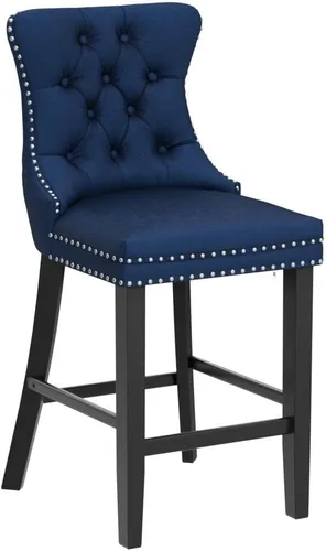 Vista 130 de SoarFlash Juego de 2 taburetes de bar tapizados de terciopelo moderno con patas de madera, botones acolchados, cabeza de clavo cromada, asiento