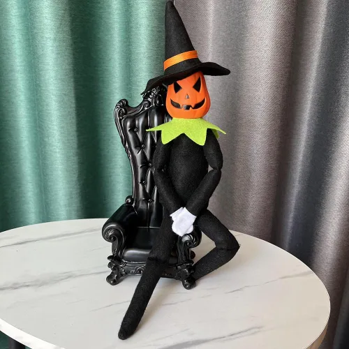 Vista 4 de DANONI Muñeca elfo de calabaza de Halloween, 14 pulgadas hecha a mano, adorno de juguete de calabaza elfo para decoración de mesa de vacaciones Verde
