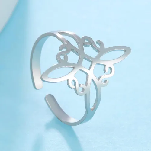 Vista 3 de UNIFT Anillo de nudo de bruja para mujer, de acero inoxidable, estilo geométrico, elegante, elegante, irlandés, nudo celta, ajustable, anillo