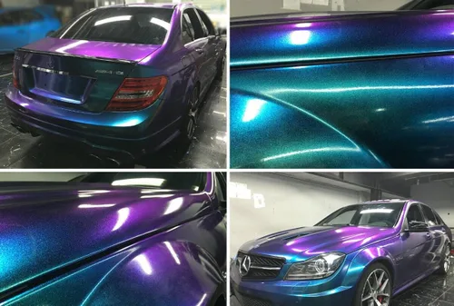 Vista 9 de LZLRUN Adhesivo de vinilo brillante brillante de color azul camaleón a morado con purpurina para interior del automóvil, lámina de cambio