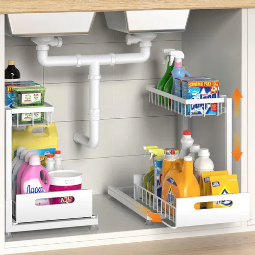 Vista 14 de Saydear Organizador de almacenamiento para debajo del fregadero, organizador de armario de cocina extraíble de 2 niveles con cajón deslizante, Negro