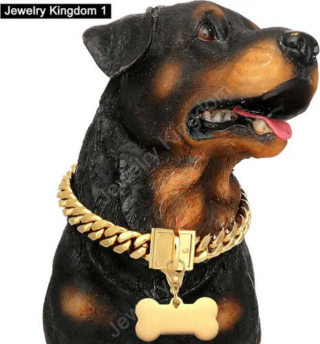 Vista 4 de Collar de cadena de oro para perro con etiqueta de identificación de perro, cadena de eslabones cubanos de acero inoxidable de 18 quilates