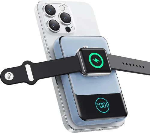 Vista 9 de Cargador portátil magnético para iPhone, Banco de energía inalámbrico Qi2 de 10800mAh y 15W con cargador para iWatch, Paquete de batería de viaje
