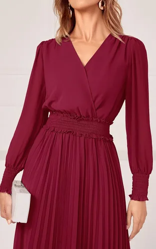 Vista 3 de PRETTYGARDEN Vestidos cruzados con cuello en V para mujer, para invitados de boda, casual, plisado, manga larga, vestido largo fruncido con volantes