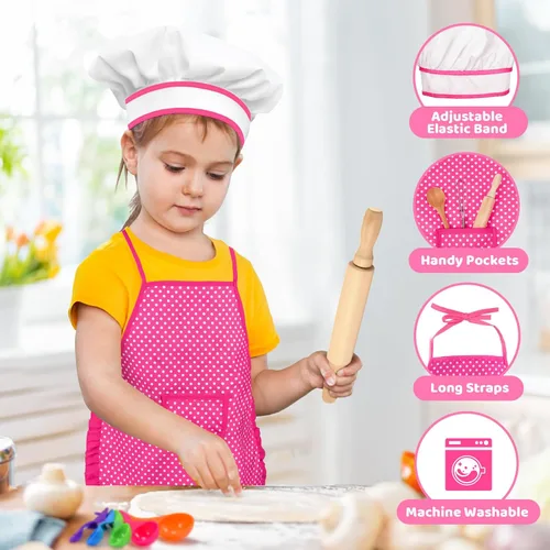 Vista 4 de Toyze Regalos para niñas de 3 a 8 años, juego de cocina para niños con delantal, sombrero de chef, libro de cocina, 20 unidades, color rosa