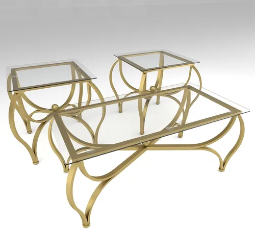 Vista 6 de Juego de mesa auxiliar de 3 piezas con vidrio templado, mesa auxiliar rectangular y 2 mesas auxiliares cuadradas, juego moderno de muebles de sala
