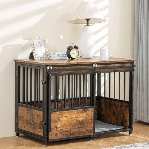 Vista 8 de KOOPRO Mueble de jaula para perros de 32 pulgadas con cojín, resistente para perros medianos Wooden Dog Kennel with Double Doors, Decorative Pet