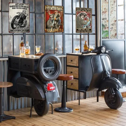 Vista 6 de Carteles de motocicleta Ubewair Regalos de motocicleta para hombres Arte de motocicleta de metal Decoración de pared Nunca subestimes a un viejo