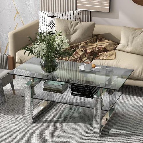 Vista 3 de Mesa de centro de cristal de 39 pulgadas, moderna mesa de centro de vidrio templado de 2 capas, mesas rectangulares para sala de estar, muebles