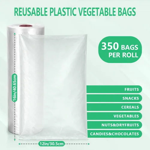 Vista 2 de 9527 Product 12" x 16" Bolsa de plástico transparente para almacenamiento de alimentos en un rollo, 350 bolsas un rollo