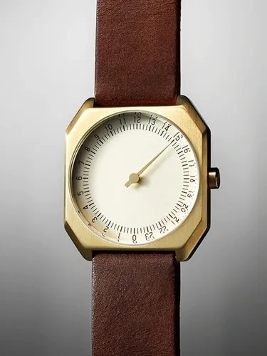 Vista 5 de slow Jo 18 - Reloj suizo de 24 horas con una sola mano - Oro con correa de piel marrón oscuro