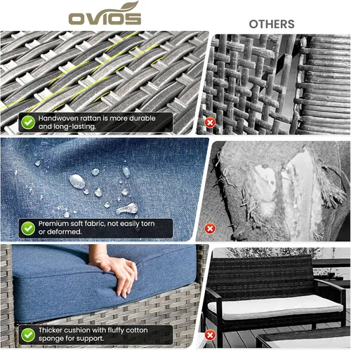 Vista 7 de ovios Juego de muebles de patio de 3 piezas para exteriores con otomanas, sofá de ratán de mimbre con reposapiés, cómodos cojines, sofás para todo