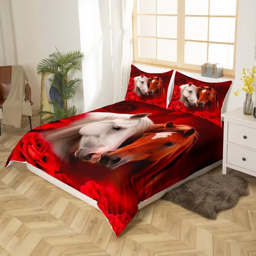 Vista 2 de Funda de edredón de caballo blanco y marrón, juego de ropa de cama 3D de animales de granja occidental para niñas y niños, funda de edredón