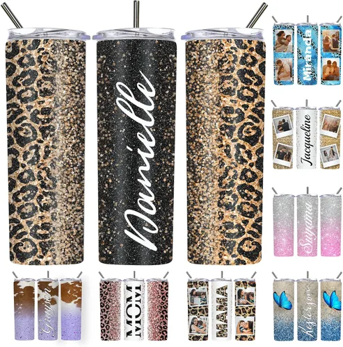 Vista 36 de Vaso delgado personalizado con purpurina con tapas y popotes, nombres, vasos de acero inoxidable personalizados con imagen para mujeres, hombres