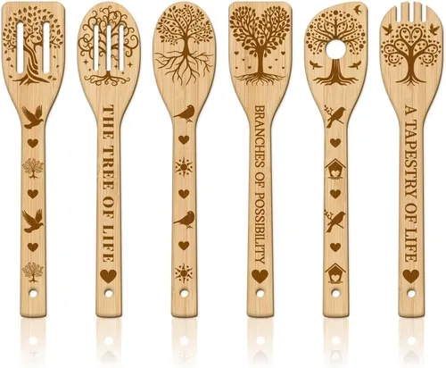 Vista 9 de GLOBLELAND Juego de 6 cucharas de madera de diente de león con diseño de mariposa y bambú, utensilios de cocina de madera grabada, juego