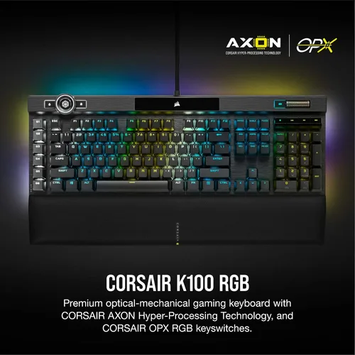 Vista 2 de Corsair Teclado mecánico óptico K100 RGB para juegos - Corsair OPX RGB - Teclas ópticas y mecánicas - Tecnología AXON de hiperprocesamiento para un