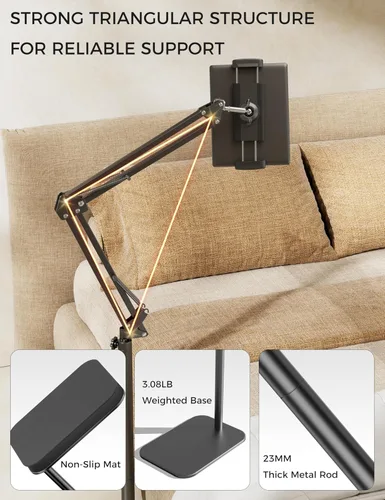Vista 7 de VOLTIFYMAX Soporte de suelo para tableta, soporte de metal giratorio de 360 grados, soporte ajustable para Kindle, soporte universal para teléfono