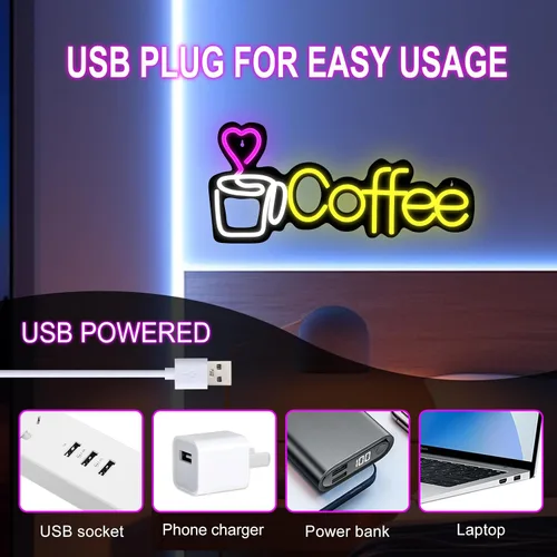 Vista 4 de Letrero de neón de café con luces LED para negocios, regulable, 5 V, alimentado por USB, para decoración de pared, letrero de luz LED para club