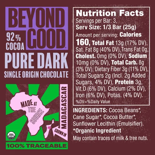 Vista 2 de Beyond Good, Barra de chocolate negro orgánico 92%, 2.64 onzas