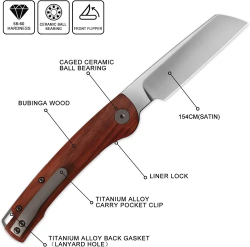 Vista 2 de Petrified fish PFE04 Scholar - Cuchillo plegable, hoja de satén de 3.7 pulgadas, 60.6 in, mango de madera Bubinga de 3.93 oz, cuchillo de bolsillo