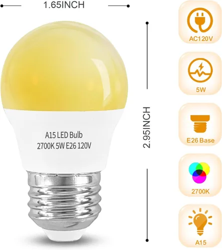 Vista 7 de LED Refrigerator Light Bulb 2 Pack，Soft White 2700K 120V 40W Equivalent Appliance Bulb，A15 5W E26 Base Waterproof Fridge Light Bulbs for Freezer