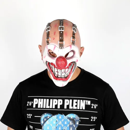 Vista 5 de Máscara de payaso de Halloween, disfraz de Joker, máscaras aterradoras para adultos, cadena de cinturón realista, espeluznante asesino de un solo
