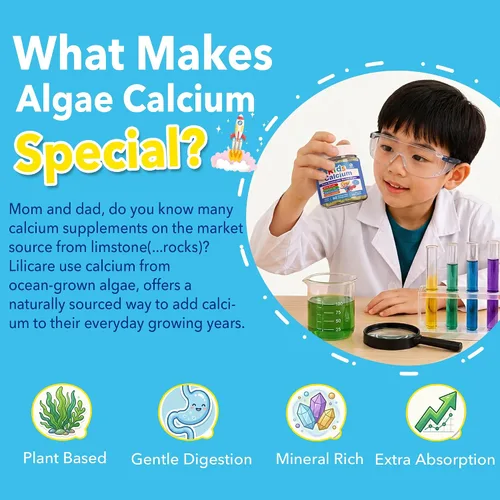 Vista 9 de Gomitas de calcio para niños de algas + vitamina D3 K2 para huesos y Suplemento de calcio a base de plantas para niños 400 mg + magnesio, zinc