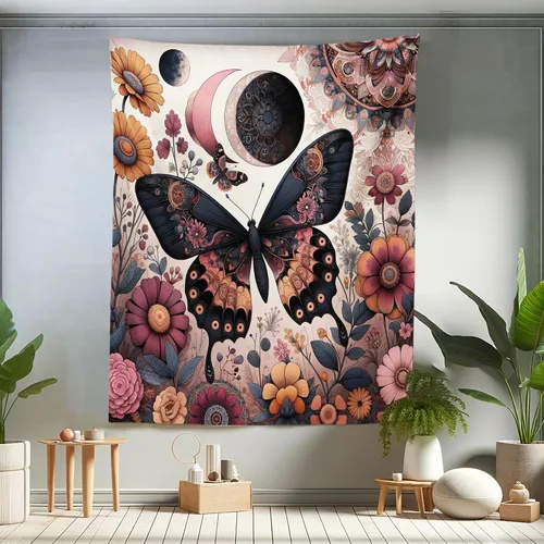 Vista 17 de Ambesonne Tapiz bohemio, diseño floral de bruja, luna y mariposa con adornos de mandala, decoración de tela para colgar en la pared para dormitorio