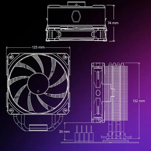 Vista 11 de Cooler Master Enfriador de aire de CPU Hyper 212 RGB Black Edition, ventilador SF120R RGB, 4 tubos de calor CD 2.0, negro metálico anodizado, aletas