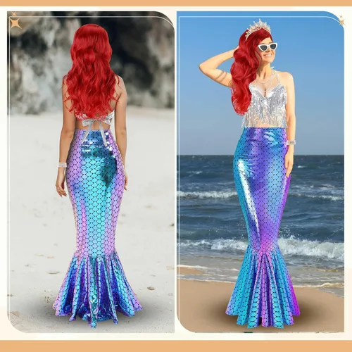 Vista 4 de 8 piezas de disfraz de sirena para mujer, disfraces de Halloween, lentejuelas brillantes, falda de sirena, peluca, vestido de princesa para adultos