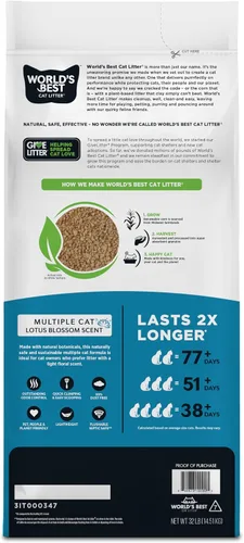 Vista 2 de WORLD'S BEST CAT LITTER Arena para gatos múltiples con aroma de flor de loto, 32 libras - Ingredientes naturales, aglomeración rápida, desechable