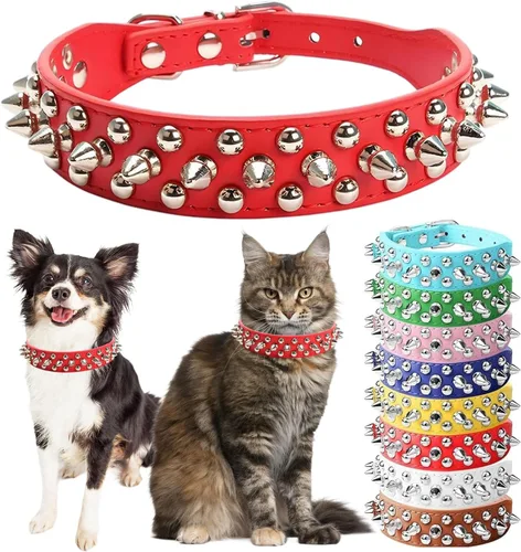 Vista 12 de Collar de perro con pinchos para perros pequeños, collares de cachorro macho con pinchos de cuero PU con remaches de hongos, collares tachonados