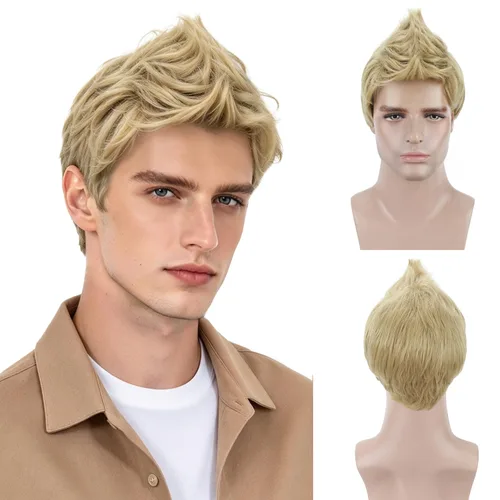 Vista 10 de Peluca corta BERON para hombre y chico, para fiesta temática, peluca con gorro de peluca Marrón claro