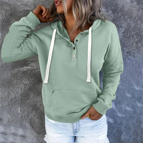 Vista 4 de Sudadera casual con capucha para mujer, manga larga, lisa, ligera, holgada, con bolsillo
