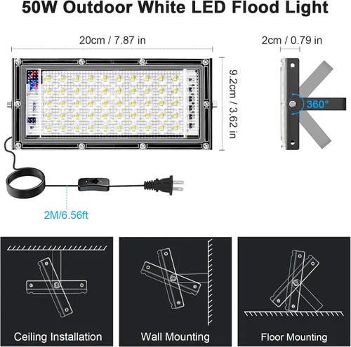 Vista 6 de Luz de inundación de 50 W para exteriores, paquete de 4 luces LED de 5000 lúmenes, 6500 K súper brillantes, enchufe para exteriores, luces
