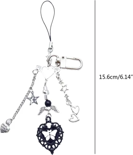 Vista 2 de hejhncii Llavero de cordón para teléfono, cadena de corazón de cruz negra, llavero para teléfono celular Y2K, cordón colgante para mujeres y niñas