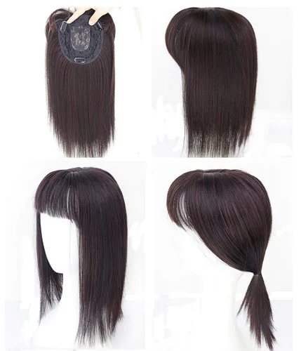 Vista 4 de Parte media recta para cabello con flequillo limpio para cabello fino para mujer, postizo de frente de 14 pulgadas, marrón oscuro