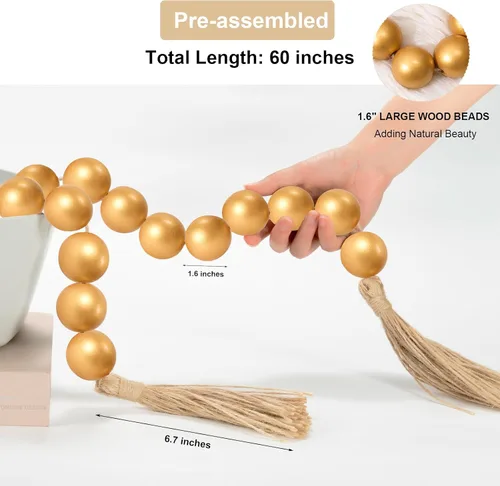 Vista 232 de OMISHE Guirnalda de cuentas de madera extra grande con cuentas de madera y borlas de 1.6 pulgadas de diámetro, cuentas decorativas rústicas de 41