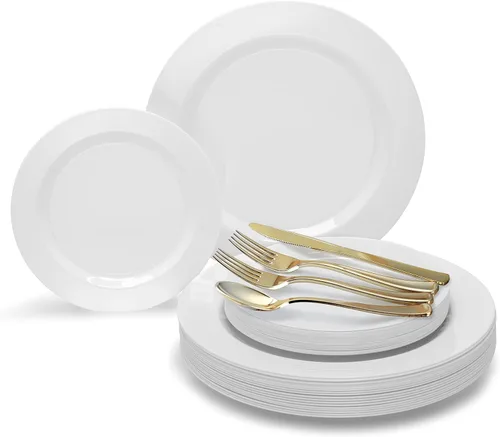 Vista 6 de Juego en combo de vajilla y platos de plástico descartables para bodas OCCASIONS, 150 piezas, para 25 invitados