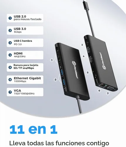 Vista 3 de UtechSmart Estación de Acoplamiento para Laptop con Triple Monitor USB-C - Muelle de 11-en-1 con 2 HDMI, VGA, PD3.0, Ranura para Tarjeta SD/TF, 4