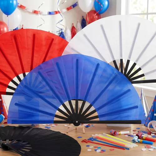 Vista 6 de Qunclay Paquete de 4 abanicos plegables grandes para rave de mano para baile de línea, fanáticos chinos, japoneses, para fiestas de festivales