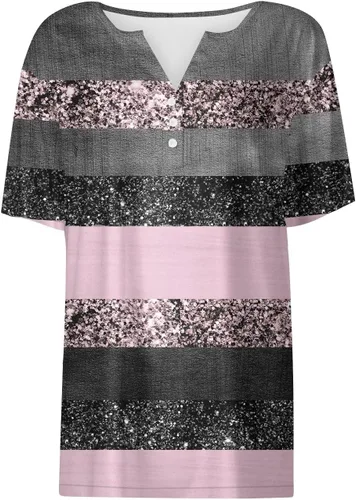 Vista 4 de Camisetas de lentejuelas para mujer, manga corta, cuello en V, para verano, casual, a la moda, con estampado brillante, blusas básicas